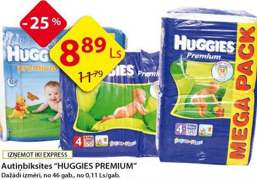 Huggies® Premium Mega paka tikai par 8,89Ls!