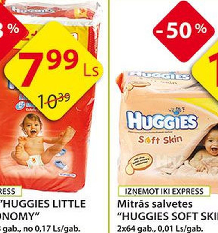 Nedēļas akcijas piedāvājums Huggies® autiņbiksītēm un mitrajām salvetēm veikalos Iki!