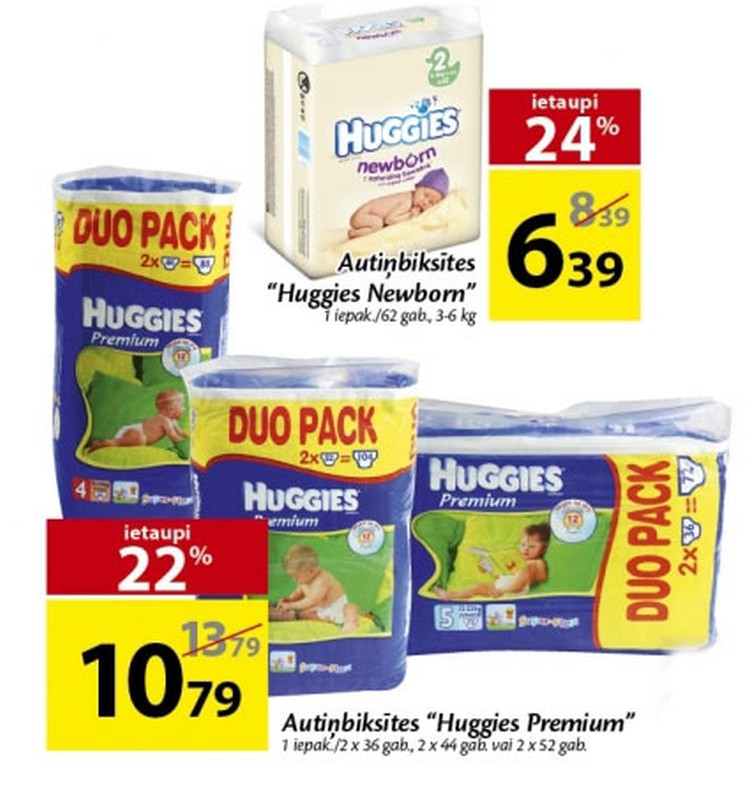 Izdevīgi piedāvājumi Huggies® Newborn un Huggies® Premium autiņbiksītēm!