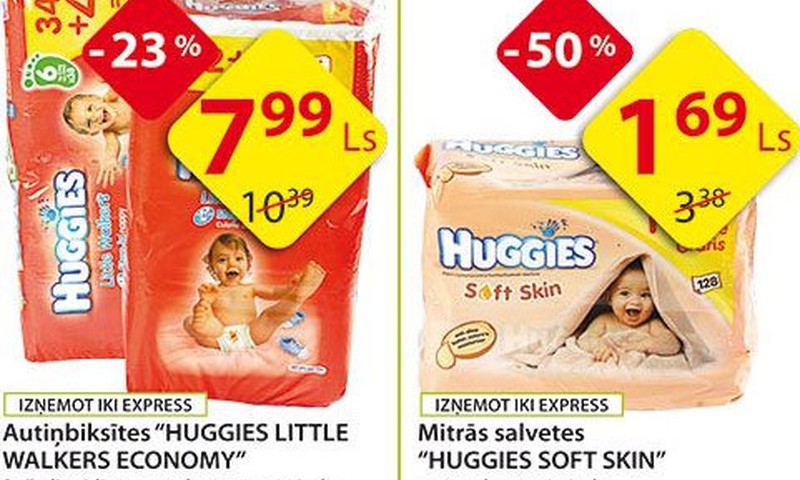Nedēļas akcijas piedāvājums Huggies® autiņbiksītēm un mitrajām salvetēm veikalos Iki!