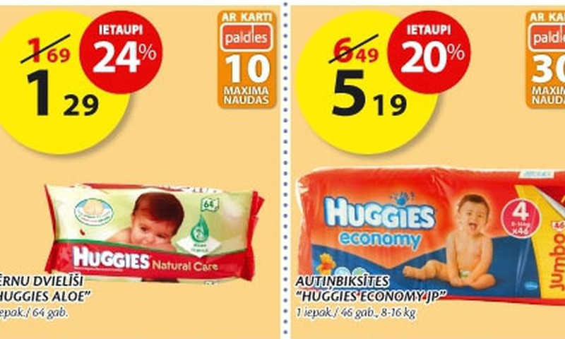 Nedēļas akcijas piedāvājums veikalos Maxima: lētāk Huggies® mitrās salvetes un autiņbiksītes