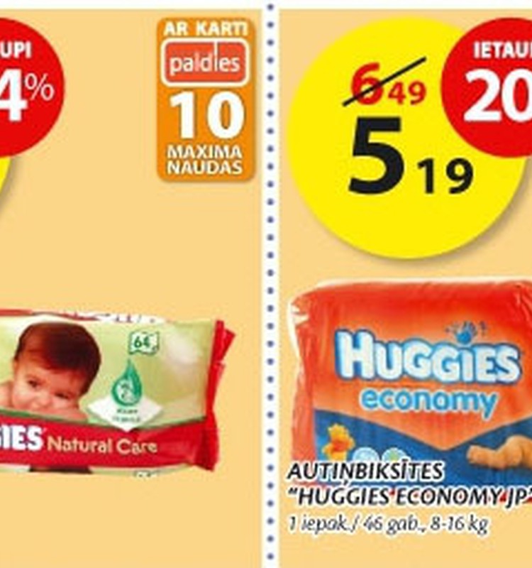 Nedēļas akcijas piedāvājums veikalos Maxima: lētāk Huggies® mitrās salvetes un autiņbiksītes