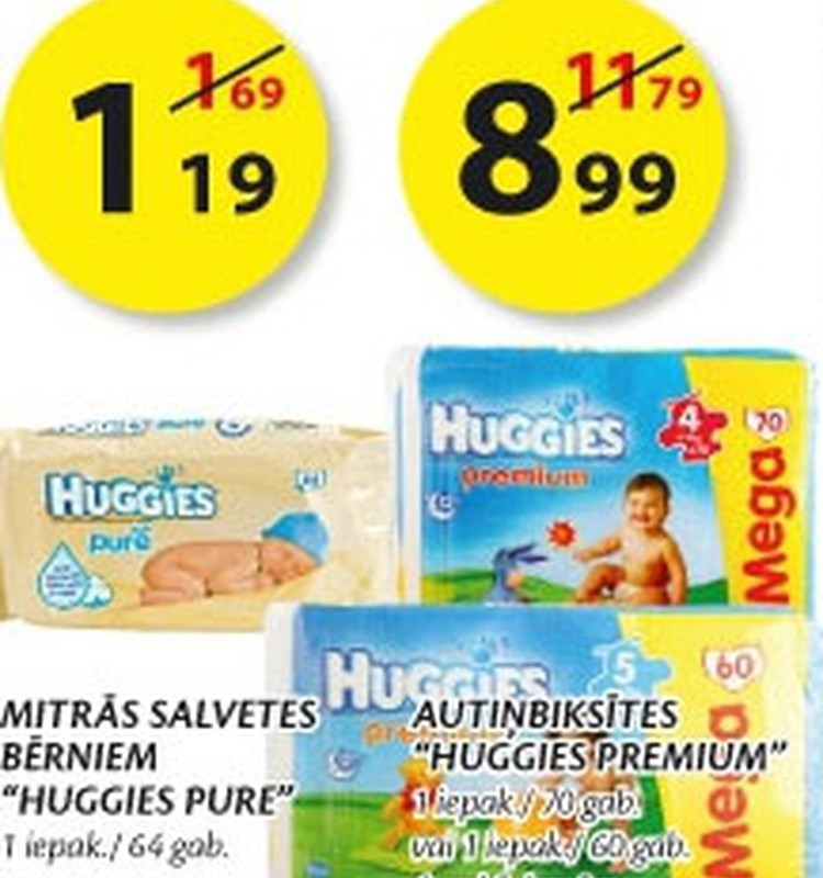 Nedēļas akcijas piedāvājums Huggies® autiņbiksītēm un mitrajām salvetēm veikalos Maxima!