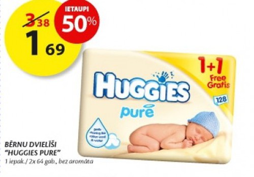 Atlaides Huggies Pure mitrajām salvetēm veikalos Maxima