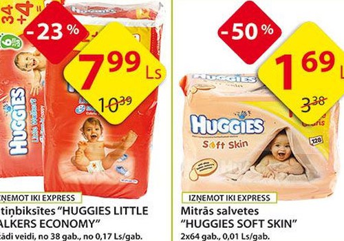 Nedēļas akcijas piedāvājums Huggies® autiņbiksītēm un mitrajām salvetēm veikalos Iki!